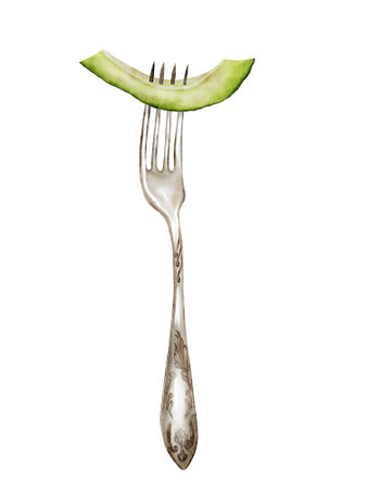 Avocado watercolor illustration. A piece of ripe fruit on a fork on an isolated white background. Botanical composition with with kitchen appliance. Hand-drawn clip art for menu design, price tagsの写真素材