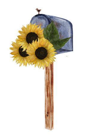 Mail watercolor. Vintage blue letter container mailbox on a wooden stand with sunflowers. Isolated clip art on white background. Ideal for postcards for Postal Day, Postal Worker, Valentines Dayの写真素材