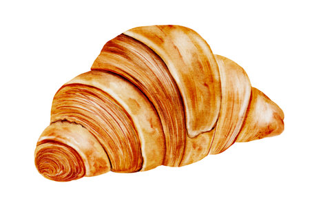 Croissant watercolor. Hand drawn illustration fresh french bun. Food clip art. Ideal for bakery prints, postcards and pastry shop posters.の写真素材