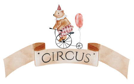 Circus watercolor banner. Hand drawn cute animal on isolated white background. Clip art of bear on bicycle with a sign circus. Perfect for cards for baby shower and birthdaysの写真素材