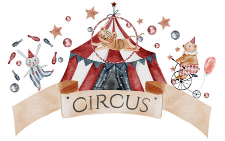 Circus watercolor banner. Hand drawn cute animal on isolated white background. Clip art of bear on bicycle, bunny and tiger cub. Perfect for cards for baby shower and birthdaysの写真素材