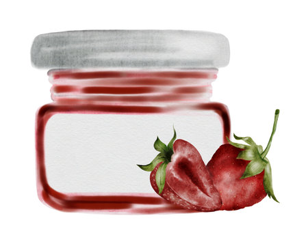 Jam strawberry jar watercolor. Hand drawn canned sweets on white background. Clip art food. Ideal for packaging goods with jam. Organic foodの写真素材