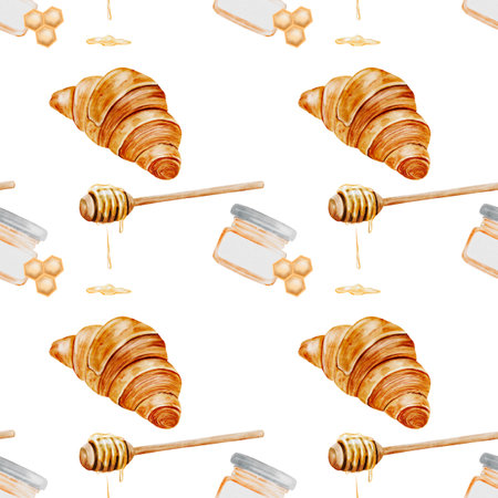 Croissant and honey watercolor pattern. Hand drawn illustration fresh french bun. Food clip art. Ideal for bakery prints, postcards and pastry shop posters.の写真素材