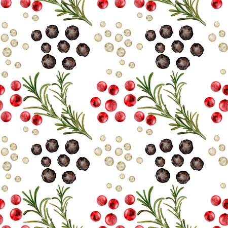 Peppercorns watercolor seamless pattern. Hand drawn dried black, white and pink pepper with...