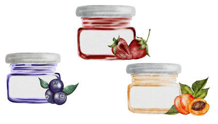 Jam watercolor illustration. Hand drawn canned sweets on white background. Clip art food. Ideal for packaging goods with jam apricot, blueberry and strawberry. Organic foodの写真素材