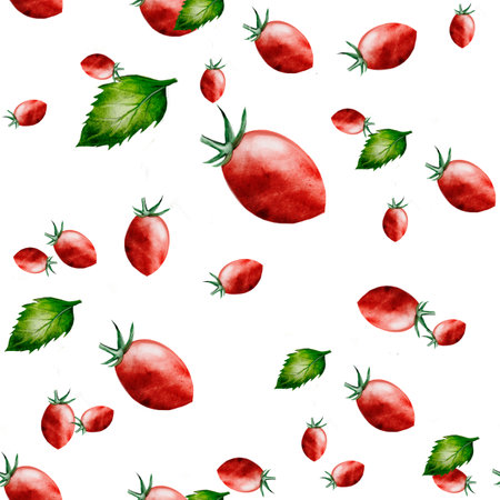 Tomato with basil watercolor pattern. Hand drawn cherry tomatoes on a branch with black pepper. Ideal for textile printing, for packaging tomato productsの写真素材