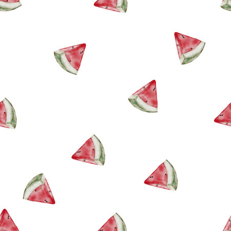 Watermelon seamless pattern watercolor. Hand drawn fruit on white background. Ideal for printing on fabrics, summer themes, packaging and cosmeticsの写真素材