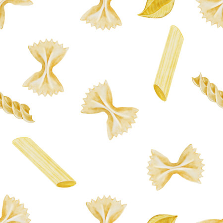 Different types of pasta seamless watercolor pattern. Hand drawn italian macaroni on white background. Food clip art. Ideal for pasta packaging, restaurant menus and postersの写真素材