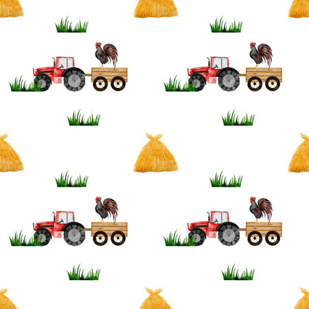 Tractor and haystack watercolor seamless pattern. Drawing of a red toy car with a cart on a white background. Illustration of an agricultural machine. For childrens textiles, bed linen, diapersの写真素材