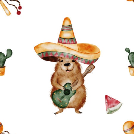 Capybara cartoon watercolor seamless pattern. A funny animal in a Mexican sombrero hat with a guitar. Cute water pig hand drawing on isolated white background. Clip art of a friendly guinea pig. Idealの写真素材