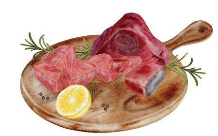 Tuna fillet pieces watercolor illustration. Hand-drawn steak ocean fish on a cutting board on a white background. Food clip art. Perfect for restaurant menu recipe books and Japanese cuisine.の写真素材