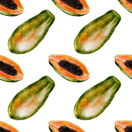 Papaya watercolor seamless pattern. Hand drawn ripe tropical fruit on white background. Ideal for textile, cosmetics and product packagingの写真素材