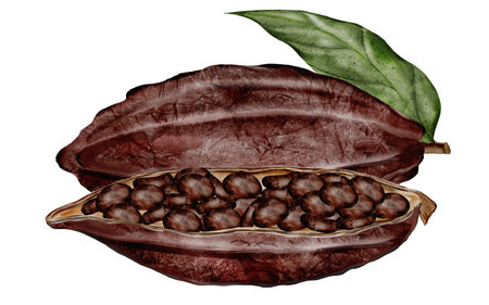 Cocoa beans and pods with leaves. Superfood clip art. Hand-drawn watercolor illustration on a white background. For chocolate and cocoa product designs.の写真素材