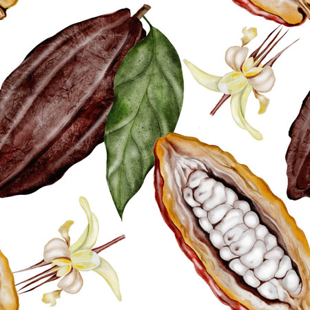 Cocoa beans with flowers seamless watercolor pattern. Superfood ornament. Hand-drawn watercolor illustration on a white background. For chocolate and cocoa product designs.の写真素材