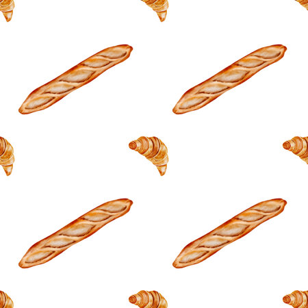 Loaf watercolor seamless pattern . Hand-drawn long baguette with a croissant on a white background. Clip art of baked goods. Ideal for packaging baked goods and kitchen textilesの写真素材
