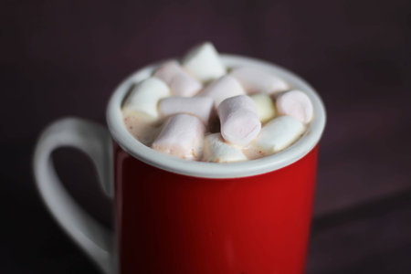 hot chocolate with marshmallows in a mug on wooden surfaceの写真素材