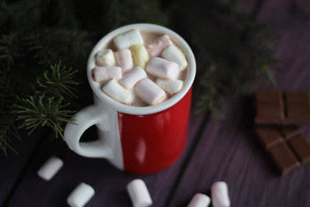 Hot cocoa in red mug with marshmallows and chocolate on wooden table and christmas tree branchの写真素材