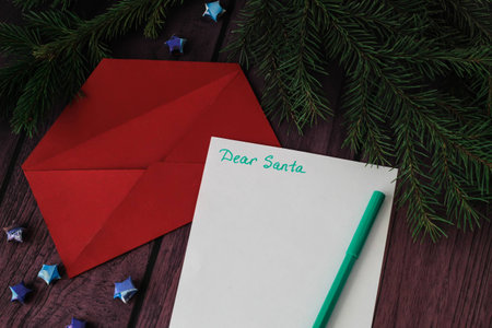 Child letter to Santa Claus. Christmas decorations, red envelopeの写真素材