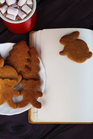 Christmas homemade gingerbread cookies, hot chocolate with marshmallows and notebook on wooden table...