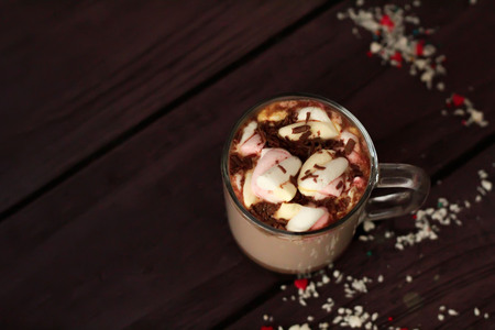 Valentines Day hot chocolate with marshmallows on wooden table valentines day romantic background...