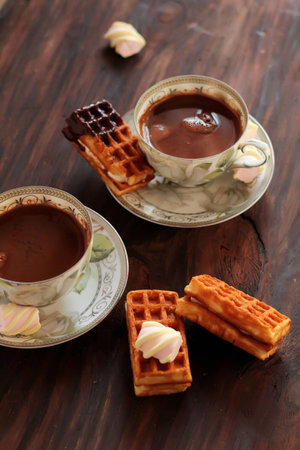 Homemade belgian waffles, ceramic cup of coffee. Dark rustic backgroundの写真素材