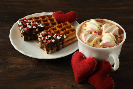 Delicious Belgian waffle with berries, cream and heart shaped topping and hot chocolate with marshmallows for breakfast on dark wooden background. Valentines day celebration conceptの写真素材