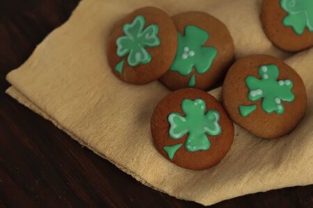 Green Clover St Patrick Day Cookies Ready to Eat st patrick day celebration top view place for textの写真素材