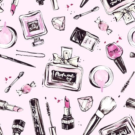 Beautiful pink pattern with hand drawn cosmetics. Nail polish, mascara, lipstick, eye shadows, brush, powder, lip gloss.の写真素材