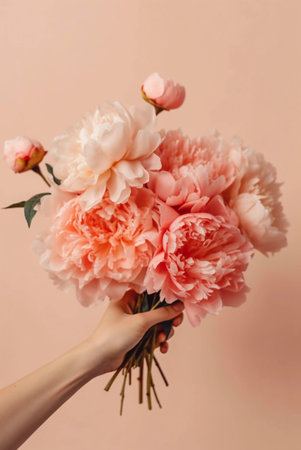 Beautiful woman hand holding peony bouquet. Young female holding pink and white peony flowers in hand. Sensual soft image. Spring aestheticsの写真素材
