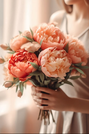 Unrecognizable womans hands holding peonies on beige background. Romantic image, spring vibes, vacation mood concept. AI Generatedの素材