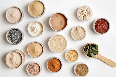 Set of different organic flour in white bowls on white background. Top view. AI Generatedの素材