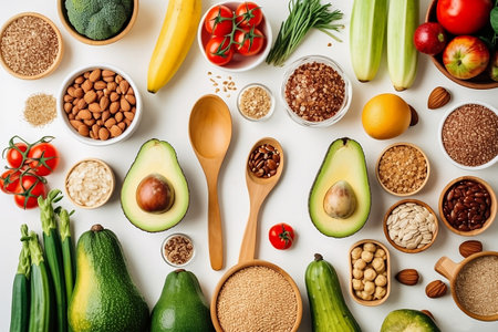 Different vegetables and fruits set. Celery, tomato, avocado, apple, banana, vegetable marrow, broccoli, nut and green bean isolated on white background. Healthy eating concept. Creative layout. Flat lay, top view. AI generatedの写真素材