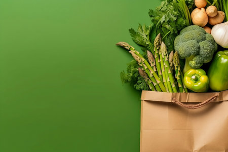 Autumn healthy vegetables in shopping paper eco package on fresh green background, top view. AI generatedの素材