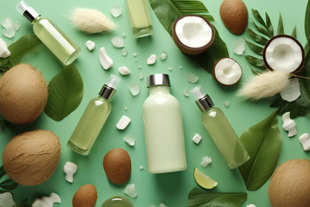 White cosmetic bottles, eucalyptus flowers, towels, soap on green background. Top view, flat lay. Natural organic beauty product concept. Spa, skin care, body treatmentの写真素材