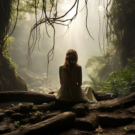 Young woman sitting on a fallen tree in the rainforest. Fantasyの写真素材