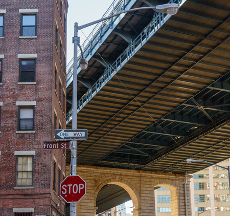 Brooklyn street and bridge, street sighnの写真素材