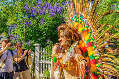 People walking in the 39th Annual Provincetown Carnival Gods and Goddess Parade on Commercial Street...