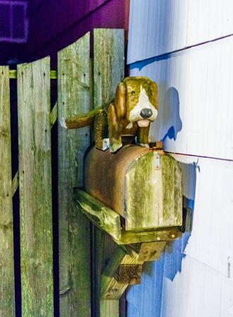 Wooden dog on mailbox Provincetown, Cape Cod Massachusetts USの写真素材