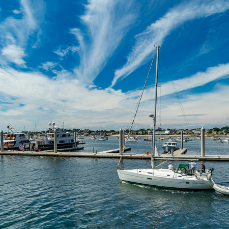 Provincetown, Cape Cod, Massachusetts, US - August 15, 2017 Yacht and his crew in marinaのeditorial素材