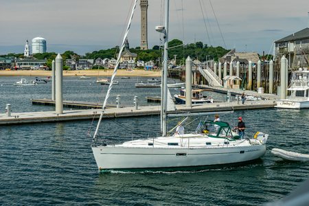 Provincetown, Cape Cod, Massachusetts, US - August 15, 2017 Yacht and his crew in marinaのeditorial素材