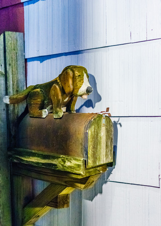 Wooden dog on mailbox Provincetown, Cape Cod Massachusettsの写真素材
