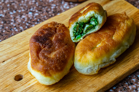Fresh fried small handmade patties with green onions and egg on a cutting wooden board. Selective focusの写真素材