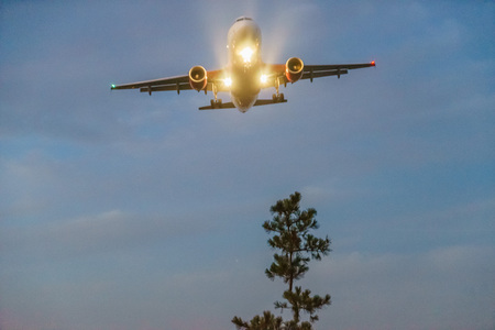 Plane lands at Ronald Reagan Washington National Airport Gravelly Point at nightの写真素材