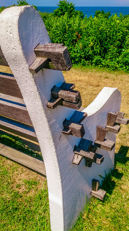 Bench fragment Montauk Point Lighthouse Long Island New York.の写真素材