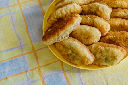 Fresh fried small handmade patties with green onions and egg on a plate. Tableclothの写真素材