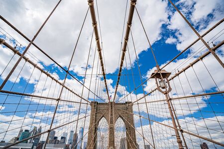 Brooklyn Bridge across East River to Low Manhattan New York Wide angle view.の写真素材