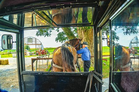 Amish horse and buggy field agriculture in Lancaster, PAの写真素材