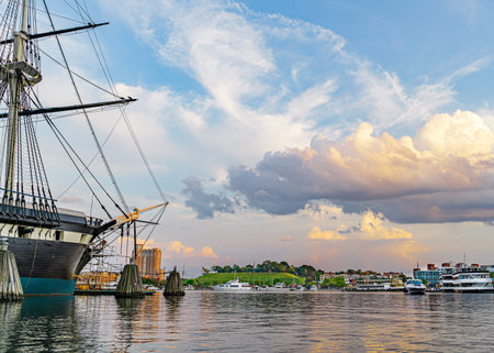 Baltimore, Maryland, US - September 4, 2019 View of Baltimore Harbor with USS Constellation Ship and...