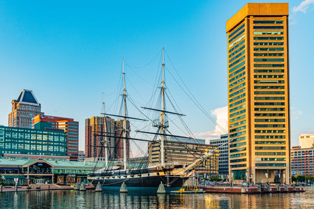 Baltimore, Maryland, US - September 4, 2019 View of Baltimore Harbor with USS Constellation Ship and office buildingsのeditorial素材