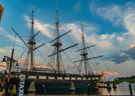 Baltimore, Maryland, US - September 4, 2019 View of Baltimore Harbor with USS Constellation Ship and...